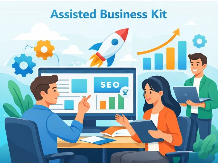 Assisted business kit showing web development, SEO audit, and digital services for business growth