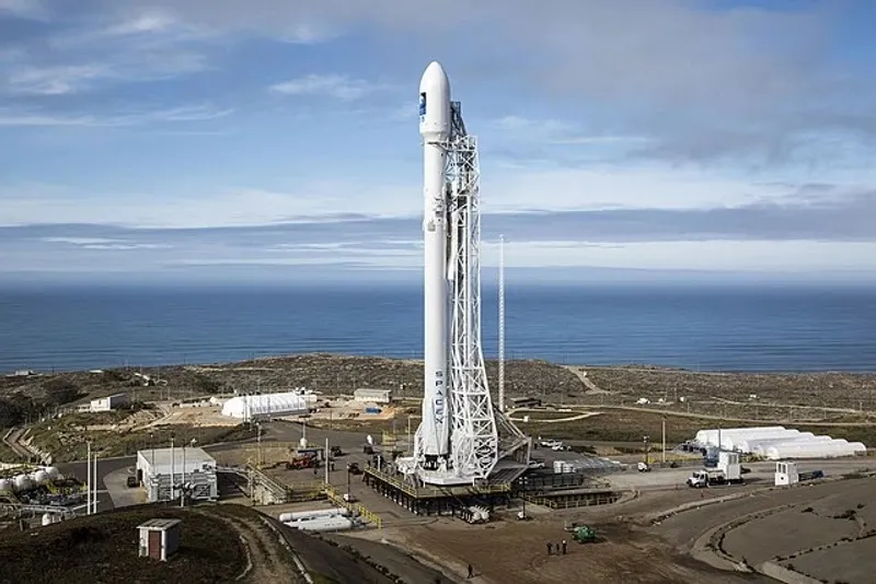 The 2016 Falcon 9 rocket at Vandenberg Air Force Base, showcasing SpaceX's cutting-edge aerospace technology and advancements in space exploration.