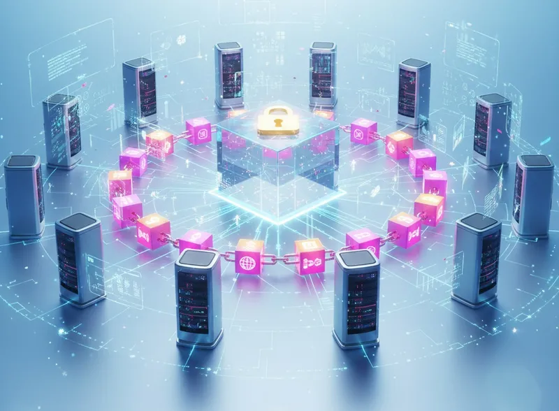 Visual representation of blockchain technology showing linked data blocks, decentralization, and secure digital transactions