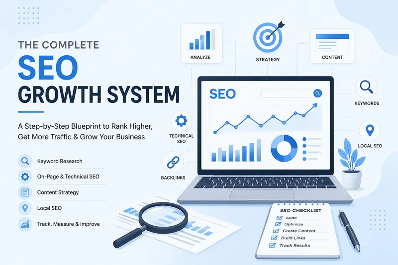 Small Business SEO Plan Small business website SEO growth framework showing keyword research, technical SEO, content strategy, and rankings growth