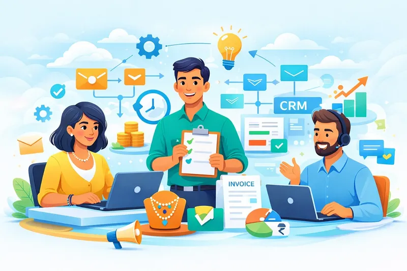 Team working on laptops and dashboards showing automated workflows, task tracking, and connected business systems in a modern office.