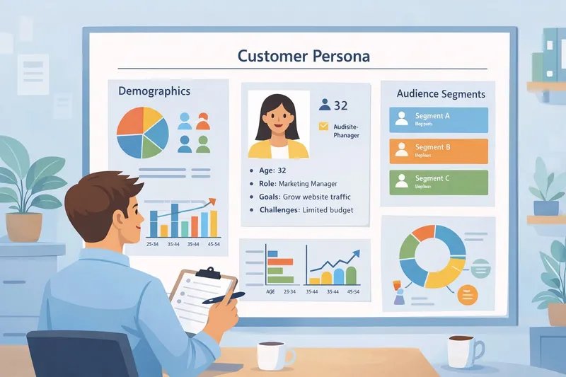 Customer Persona Planning Marketing team analyzing customer persona profile with audience segmentation charts and demographic data in modern flat illustration style.