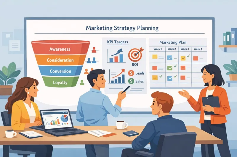 Marketing Strategy Planning Team planning a practical marketing strategy with charts, funnel diagram, target icon and analytics dashboard in modern flat illustration style.