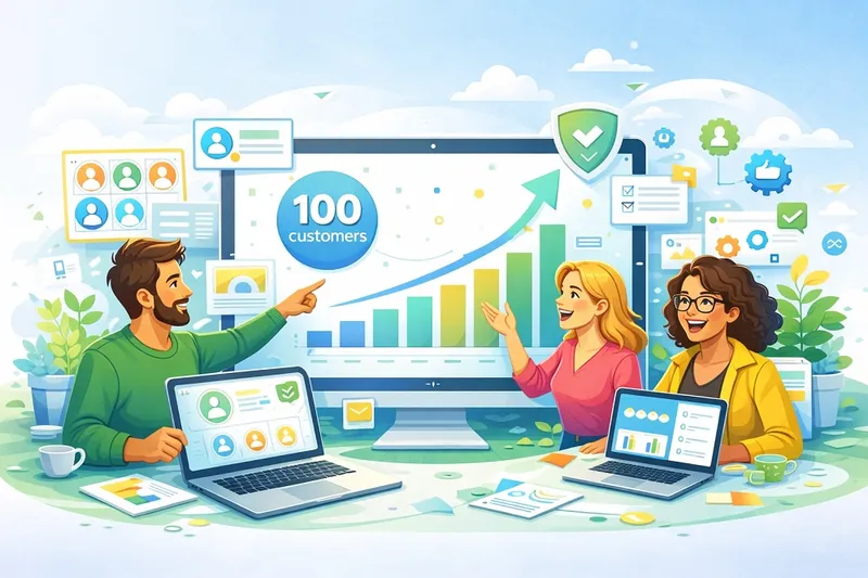 Illustration of a startup founder gaining first 100 customers through trust, referrals, and simple growth steps