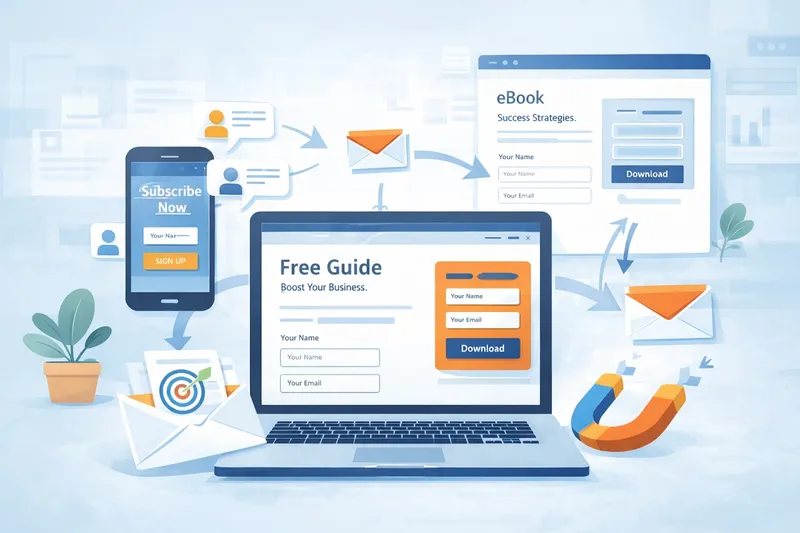 Lead Generation Strategy Marketing team analyzing lead generation funnel with magnet attracting user icons and dashboard showing conversion data in flat illustration style.