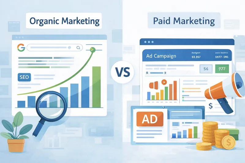 Organic vs Paid Marketing Split illustration comparing organic SEO growth and paid advertising dashboard with charts and targeting icons in modern flat style.