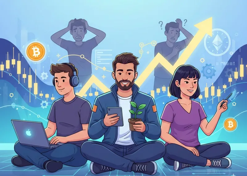 Patient investors staying calm while stock market and crypto prices rise and fall, showing how long-term patience leads to wealth growth and smart investing