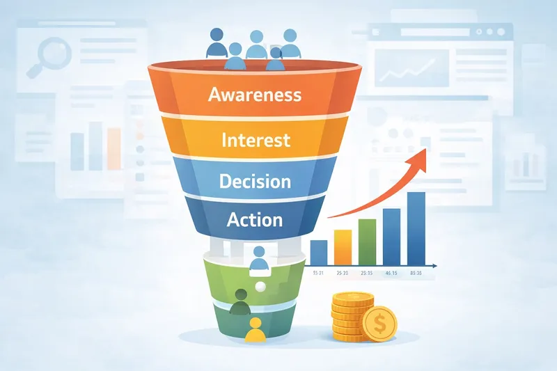 Sales Funnel Process Digital marketing team analyzing sales funnel stages from traffic to conversion with charts and funnel diagram in modern flat illustration style.