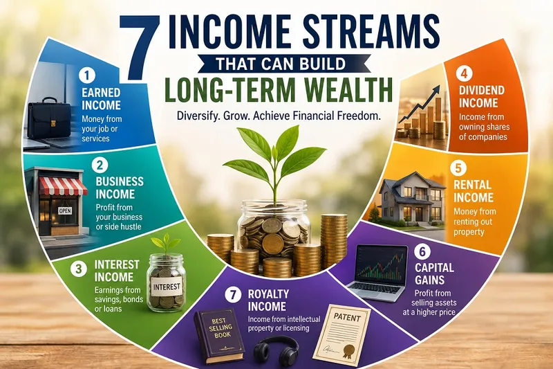 Seven Income Streams Illustration showing seven income streams from work, business, investments, property, and intellectual property