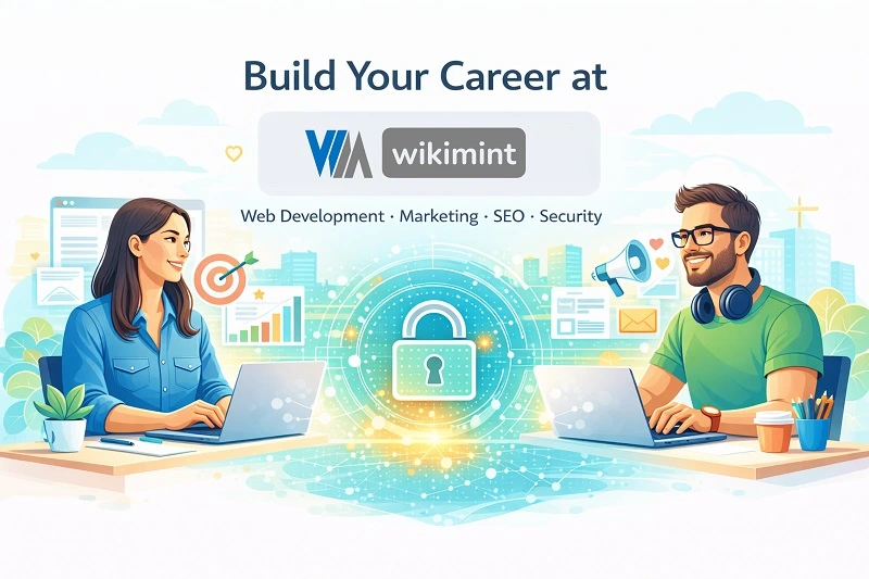 Wikimint team collaborating in a modern digital workspace with laptops and creative brainstorming session