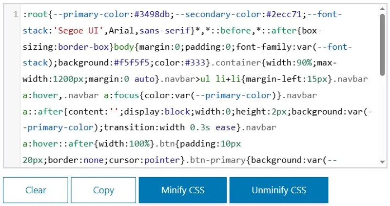 CSS minifier tool interface reducing stylesheet file size instantly
