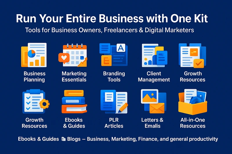 All-in-one digital assets bundle with business templates, marketing tools, branding kits, ebooks, PLR content, graphics, and software source codes.