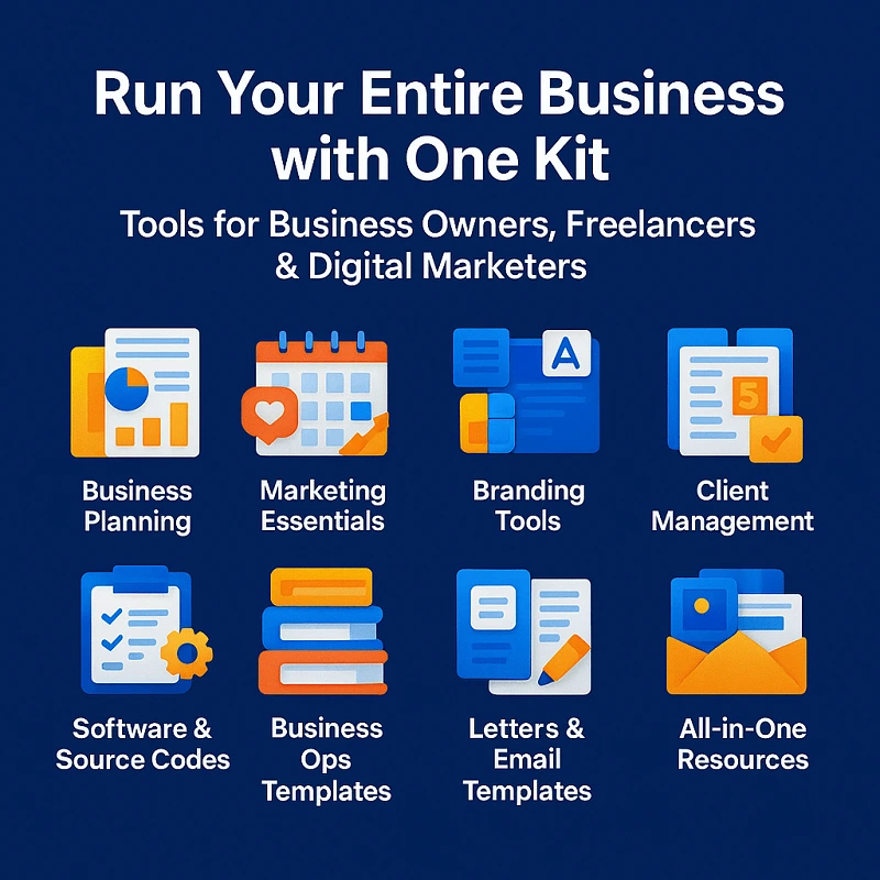 All-in-one digital assets bundle with business templates, marketing tools, branding kits, ebooks, PLR content, graphics, and software source codes.